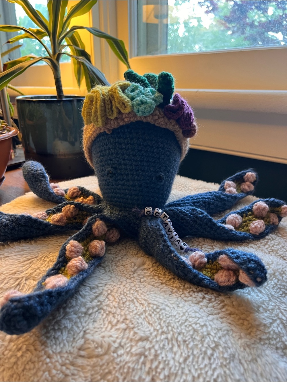 Handmade Crochet "Octavia Octopus" with Floral Crown - Navy & Pastel Accents